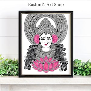 Stampa artistica della dea indù Lakshmi, Lakshmi con decorazione murale di loto