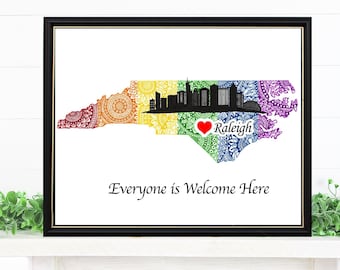 Raleigh - North Carolina Map Art - Everyone is Welcome Here- home decor Art Print
