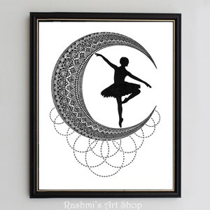 Ballet dancer silhouette on crescent mandala art print wall decor