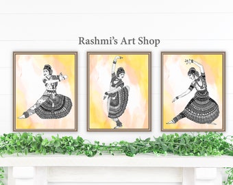 Bharatanatyam trio - set of 3 art prints. - Colored Background customizable