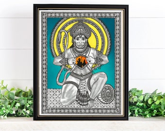 Hanuman Art Print, Lord Hanuman with Rama Sita in chest Artwork