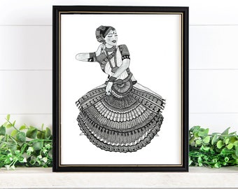 May include: Black and white line drawing of a woman in a traditional Indian dance costume. She is wearing a long skirt with intricate details and a headpiece with flowers. The drawing is framed in a black frame.