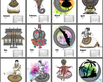 Kerala 2024 Desk Calendar , Dancers and scenes from Kerala,  4x6, 5x7 calendar