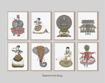 Kerala Art Print Set of 8 , Indian home decor Active
