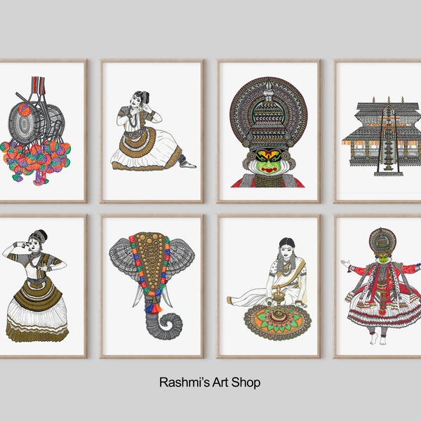 Kerala Art Print Set of 8 , Indian home decor Active