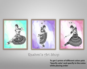 Bharatanatyam Trio - Set of 3 Art Prints. - Colored