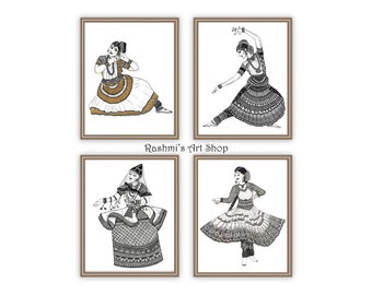Dances of India - Set of 4 Prints , Art Wall Decor, Dance Lover gift