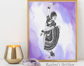 Bharatanatyam Dancer-4 "Tranquil" , home decor dance studio art print, Color Background Customizable