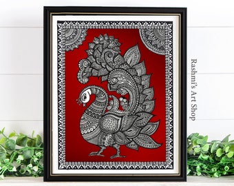 Indian Peacock pattern art print, Kalamkari art print home decor