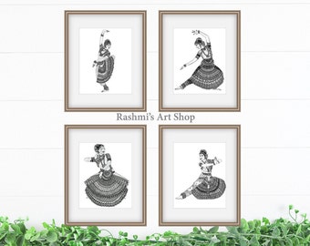 BHaratanatyam Dancers - Set of 4 Prints , Art Wall Decor, Dance Lover gift