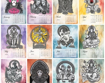 2024 Calendar , Gods and Goddesses of India, Deities of Hinduism, 5x7 & Wall Calendar