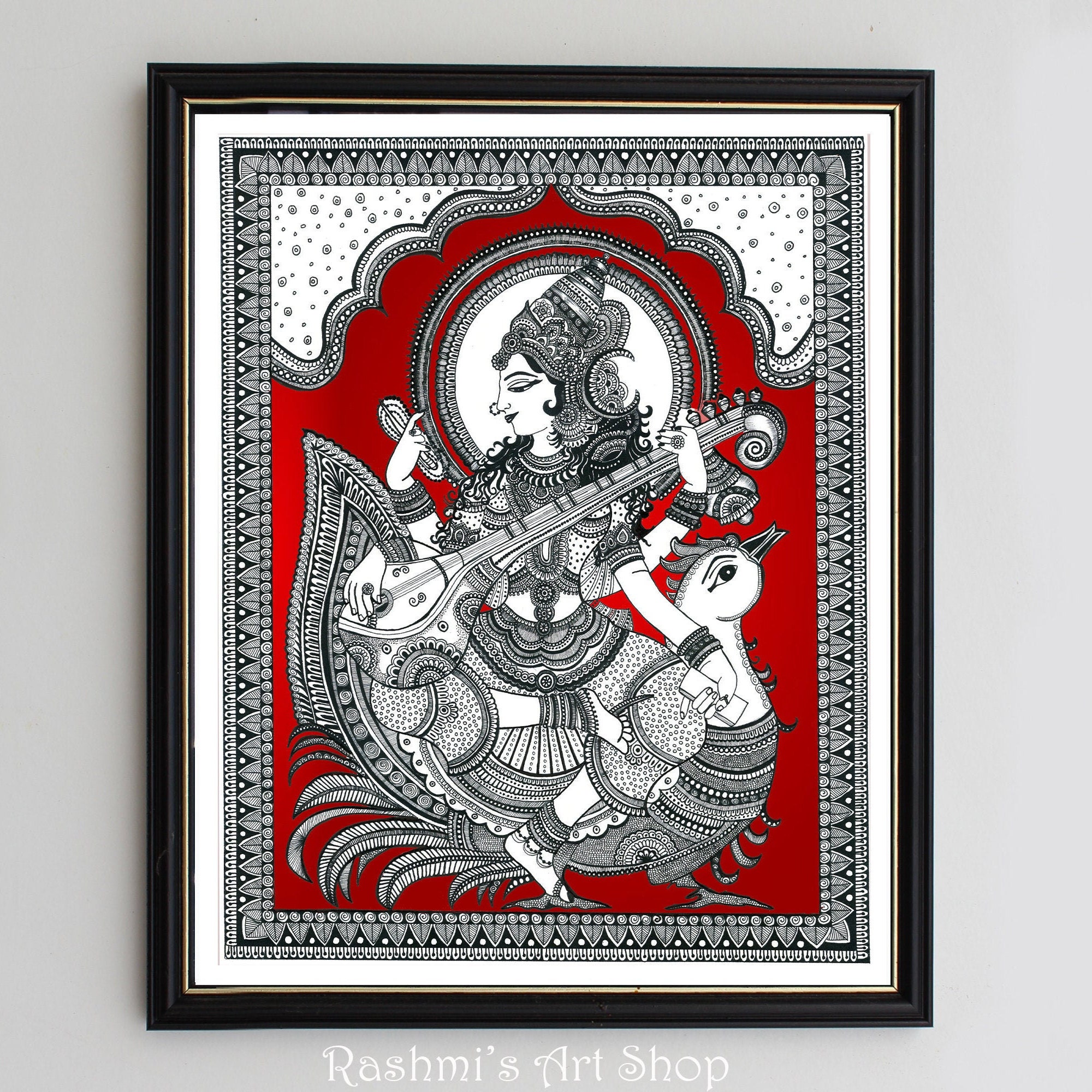 オリジナル自作絵 絵画 sawatari_doodles【Strix】 Hindu Goddess Saraswathi Art Print Home Decor - Etsy