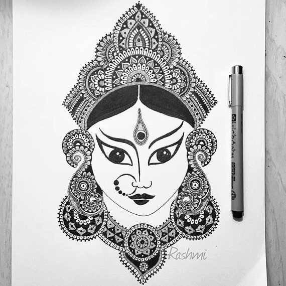 Maa Durga Pen  Fine Liner pens on Ivory Sheet  165 x 1175 inch   crafttatvacom