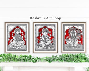 Lakshmi, Ganesha , Saraswathi(front facing) Art print 3 in 1 , Hindu Artwork