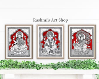 Lakshmi, Ganesha, Saraswathi (voorkant) Kunstprint 3 in 1, hindoekunstwerk
