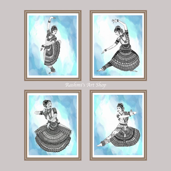 Bharatanatyam Dancers with custom colored background- Set of 4 Prints , Art Wall Decor, Dance Lover gift