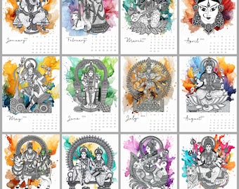 2026 Calendar , Gods and Goddesses of India, Deities of Hinduism, 5x7 & Wall Calendar