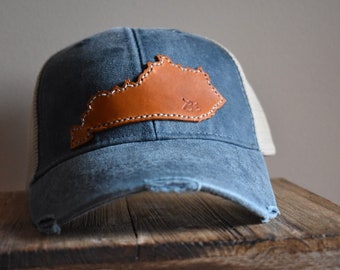 Baseball Hat with leather patch, trucker hat, denim hat, Kentucky hat , State Hat, gift, Kentucky proud