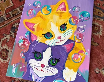 90s Nostalgia, Wall Art, Acrylic Painting, Decorative Art, Colorful Art, Cute Bubble Kitten Art, 16”x 20” Canvas, Lisa Frank Inspired Art