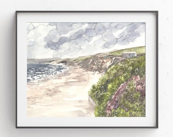 Cornwall Coast Watercolor Print: Gunwalloe Beach, Dr Enys Cottage