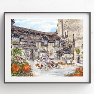 May include: Watercolor painting of a woman in a traditional dress feeding chickens in a courtyard. The courtyard is surrounded by stone buildings with wooden beams and windows. There are pumpkins and hay bales on the ground.