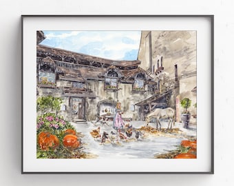 Cinderella, Nursery Art Print, Fairytale watercolor, Switzerland Architecture, Storybook art, Chillon Castle, Chateau de Chillon, Animal art