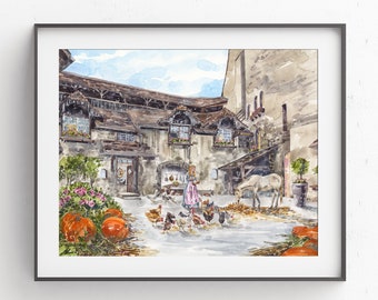 Cinderella Watercolor Art Print: Chillon Castle, Switzerland