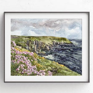 County Cork, Ireland Landscape Watercolor Print, Irish Cliffs, Seascape, Ireland Coast, Ocean art, Wildflowers, Old Head Golf Links, Kinsale