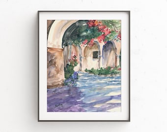 San Juan Capistrano Mission Print: Watercolor Arches, Travel Art