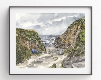 Porthgwarra Cove Watercolor Print: Cornwall Coast Landscape