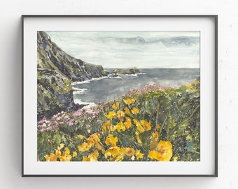 Kerry Cliffs Watercolor Print, Ring of Kerry Art, Emerald Isle, Irish Art, Ireland Landscape Painting, Pub Decor, Travel