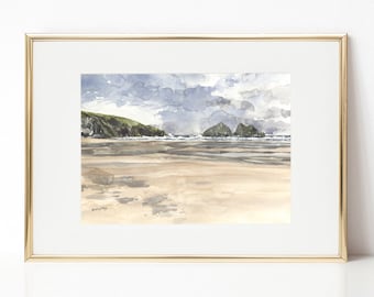 Holywell Bay Watercolor Beach Print: Cornwall, England Art