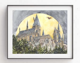 Moonlit Castle Watercolor Art Print: Magical Nursery Decor
