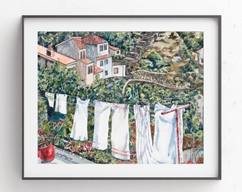 Spain Watercolor Print: Laundry Day Fine Art, Countryside Home Decor