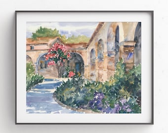 San Juan Capistrano Mission Watercolor Print: California Travel Art
