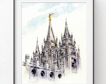 Salt Lake City Temple Art Print, Wedding Gift, Watercolor Painting Print, SLC