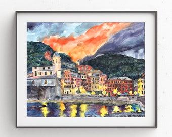 Vernazza Italy Print: Cinque Terre Coastal Village Watercolor Art