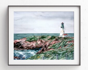 Oregon Coast Lighthouse Watercolor Art Print: Newport Beach Painting
