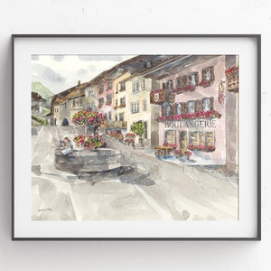 Belle, Beauty and the Beast, French Village Artwork, Gruyere Switzerland, Nursery Art Print, Kids Room Decor