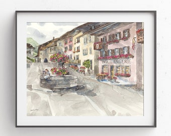 Gruyere Switzerland Art Print: Beauty and the Beast French Village Watercolor, Nursery Decor