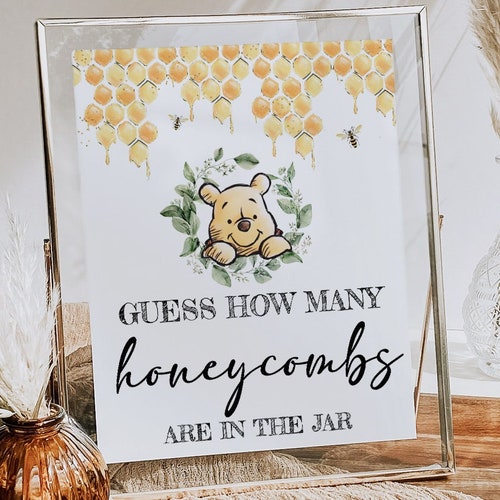 Winnie The Pooh Gummy Bear Guessing Game Set - Baby Shower Party Game With Sign & 30 Cards (5x7 IN)