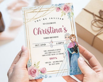 Ice Princess Invitation, Winter Wonderland Birthday Invite Editable Template, Frozen Digital Invitation,  Blush Pink & Blue Party Printables