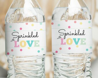 Baby Shower Sprinkled with Love Printable Drink Water Bottle Labels, Baby Shower, Baby Sprinkle, Editable, INSTANT DOWNLOAD, Pastel sprinkle