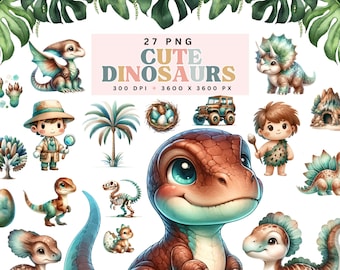 Cute Dinosaur Clipart Set, Digital Download, Kids Illustration Pack, Prehistoric Creatures, PNG Files, Scrapbooking, Craftin, Commercial Use