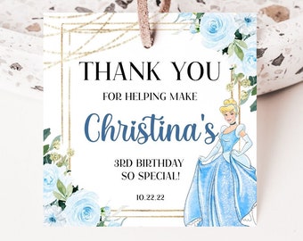 Cinderella Favor Tag, Princess Birthday Party Printable, Edit Yourself Thank You Label, 2.5 x 2.5 Inch Gift Tag Template, Print Unlimited