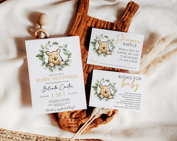 Greenery Winnie Pooh Invitation Template Set, Gender Neutral Baby Shower Bundle, Classic Pooh Bear Invite Diaper Raffle & Books for Baby GWP Il_570xn