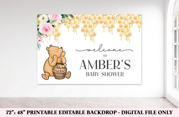 Winnie The Pooh Editable Backdrop, Printable Classic Pooh Bear Birthday Banner, Winnie Banner, Winnie Pooh Baby Shower Template, Pink Il_570xn