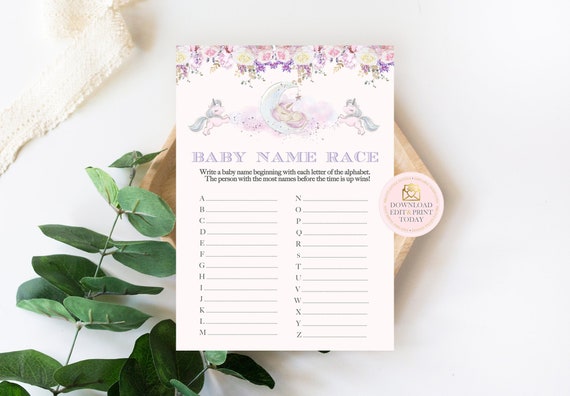 Unicorn Baby Shower Baby Name Game, Unicorn Baby Shower Games, Printable Shower Game, Baby Name Race Game, Girl Baby Shower Baby Game Il_570xn