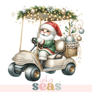 ゴルフ クリスマス PNG、かわいいゴルフ グラフィック、ゴルフ カートを運転するサンタ、面白いゴルフ PNG、カード、アパレル、デジタル クラフト用のゴルフ クリスマス PNG
