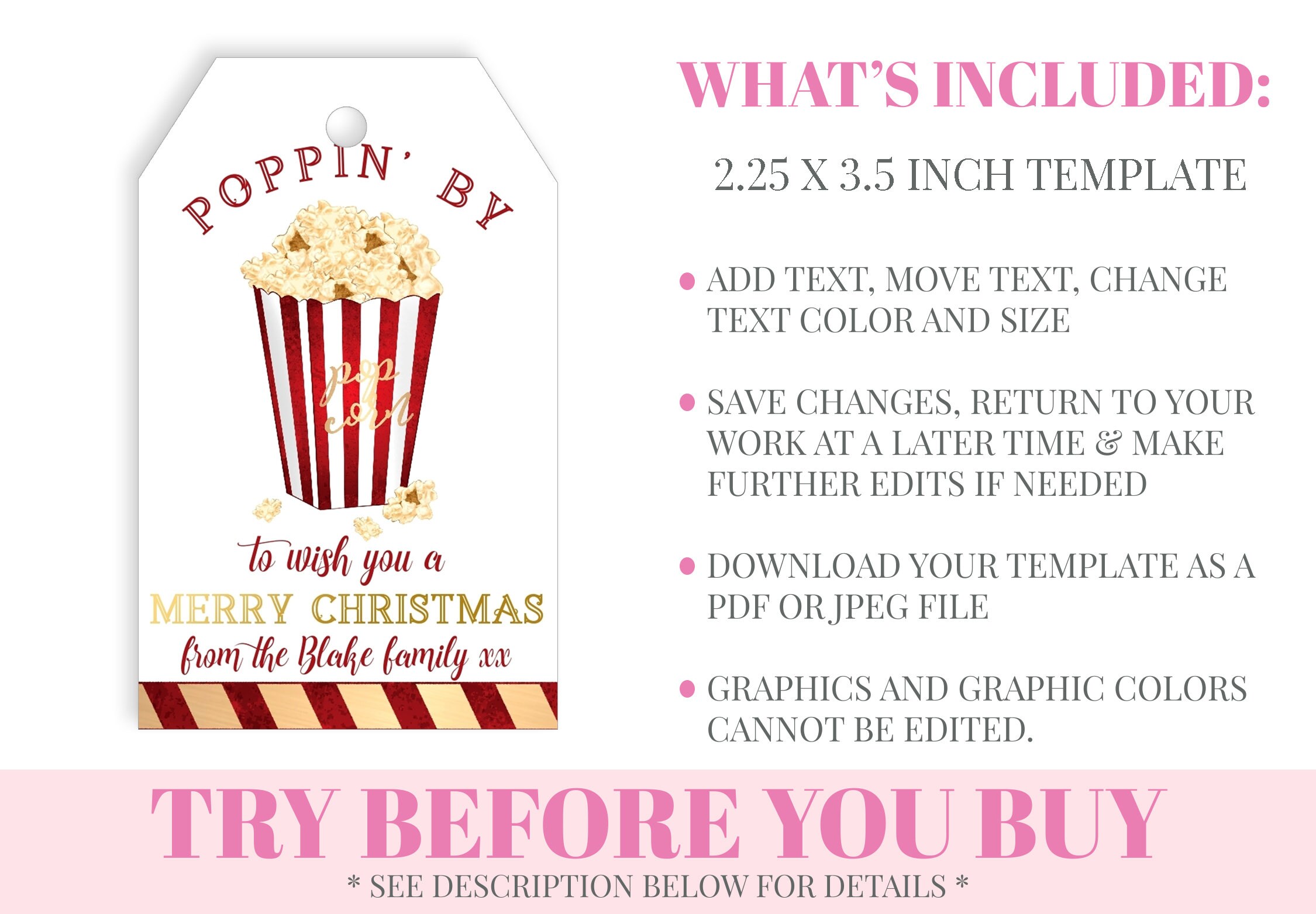 Christmas Popcorn Gift Tag Printable DIY Editable Holiday - Etsy España